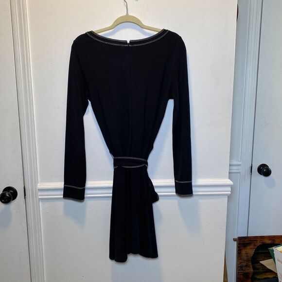 Minimalist Quiet Luxury LOFT Black Dress Long Sleeve Tie Waist Contrast Stitch 6 - Picture 4 of 12